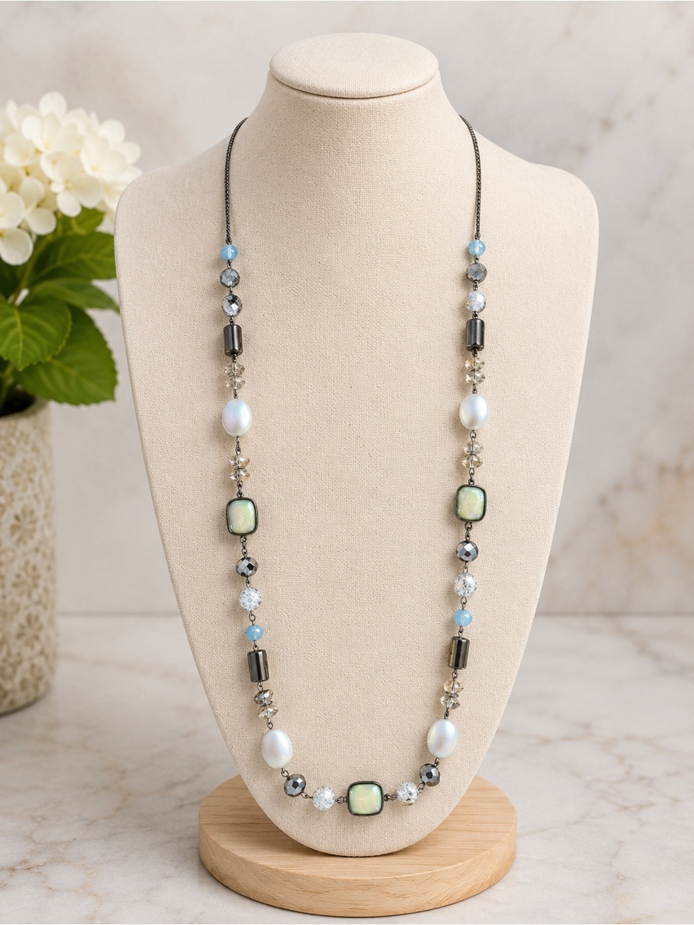 New York and Company Long Mixed-Glass Beaded Iridescent Necklace